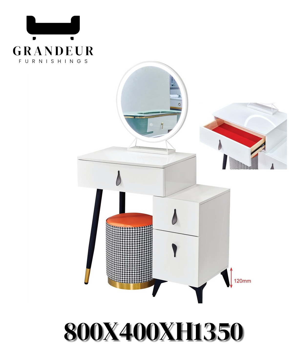 White dressing table and stool with open-drawer inset and dimension labels