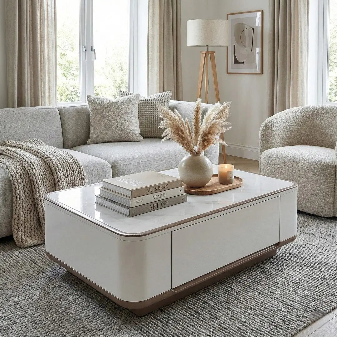 Elora Luxury Stone Top Coffee Table – White Gloss Living Room Center Table with Storage Drawers & Rounded Safety Edges Grandeur Furnishings