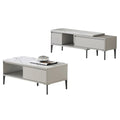 White TV console and matching coffee table, angled front view