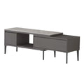 Grey TV console with open compartment, angled view