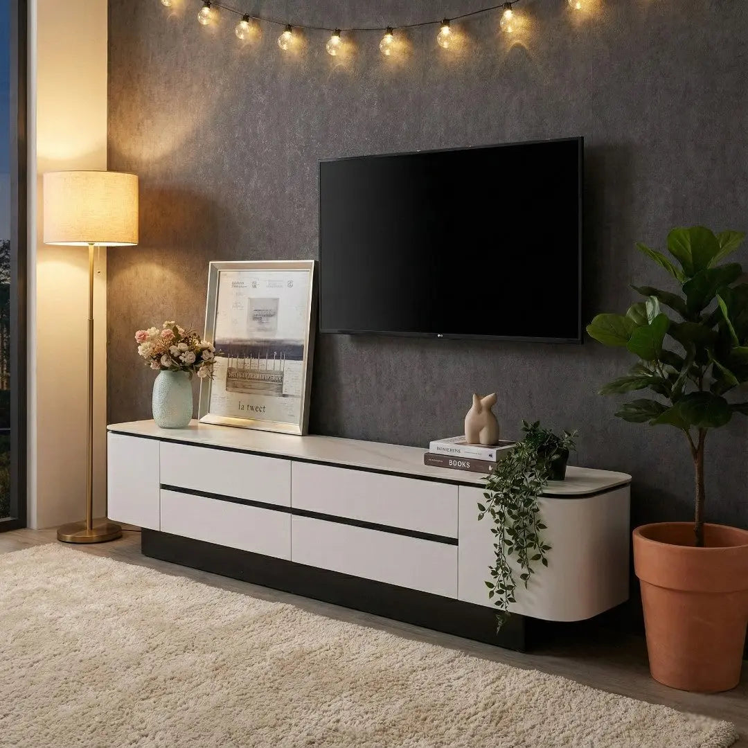Monarc Modern TV Console – Luxury Matt Stone Top TV Cabinet | Sintered Stone Entertainment Unit with Drawers | Rounded Safety Corners Grandeur Furnishings