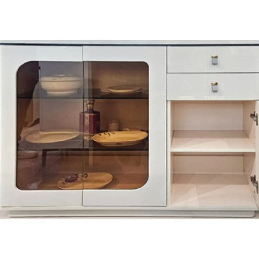 Side Cabinet with LED Lighting & Tempered Glass Glossy White Finish Sleek Storage Solution Grandeur Furnishings