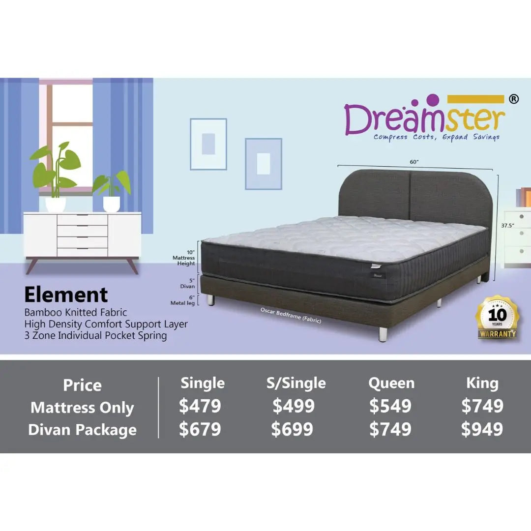 Dreamster Element Mattress with Oscar Fabric Bedframe Set Grandeur Furnishings