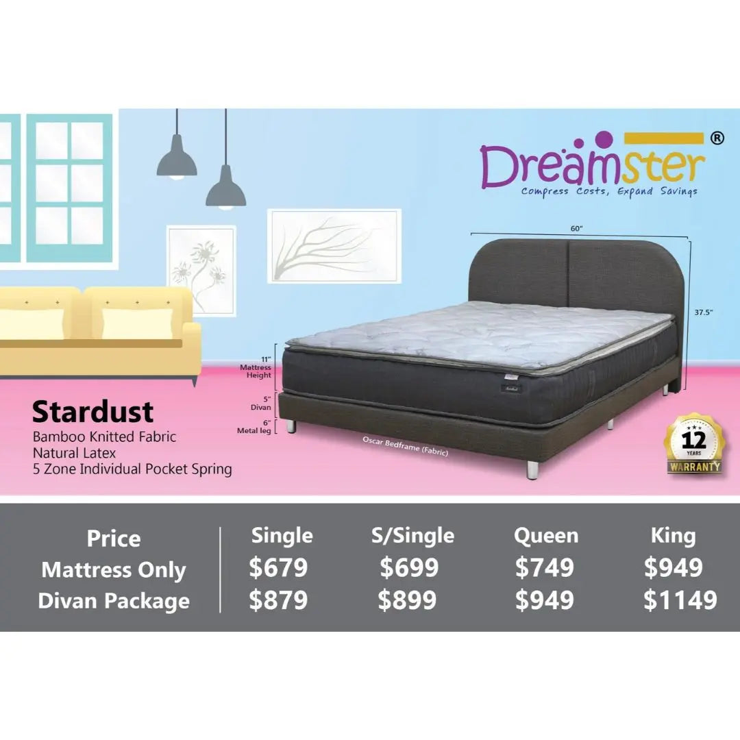 Dreamster Stardust Mattress with Oscar Fabric Bedframe Set Grandeur Furnishings