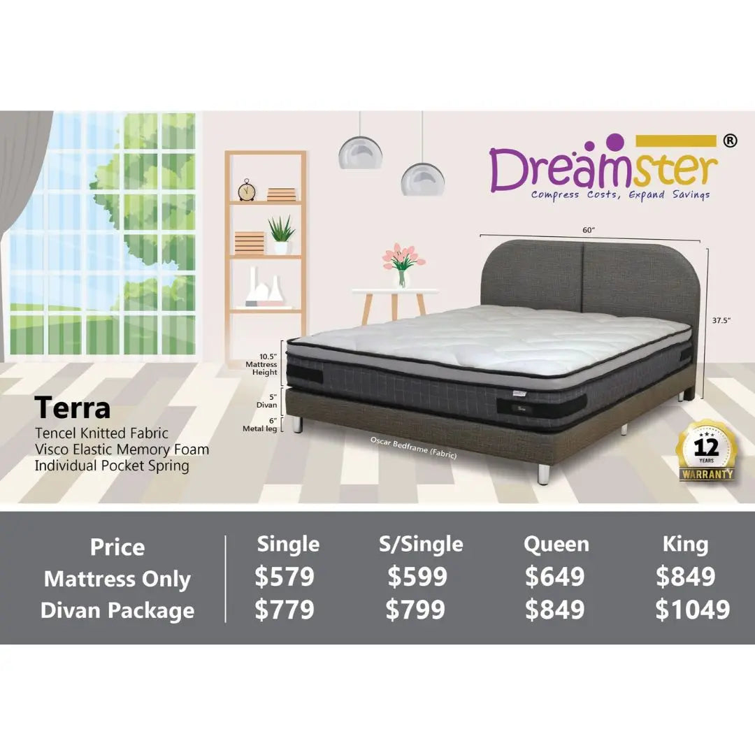 Dreamster Terra Mattress with Oscar Fabric Bedframe Set Grandeur Furnishings