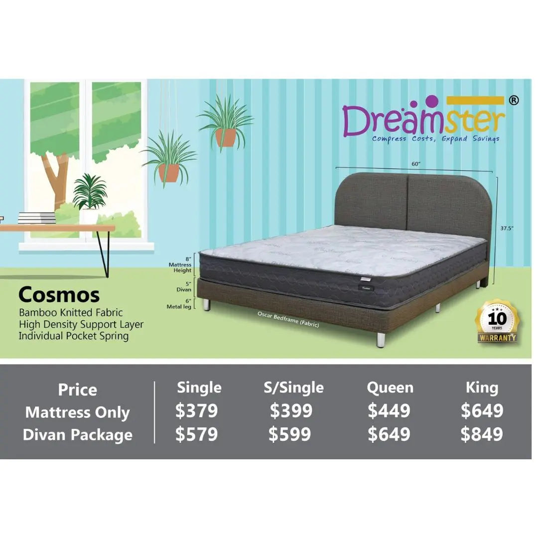 Dreamster Cosmos Mattress with Oscar Fabric Bedframe Set Grandeur Furnishings
