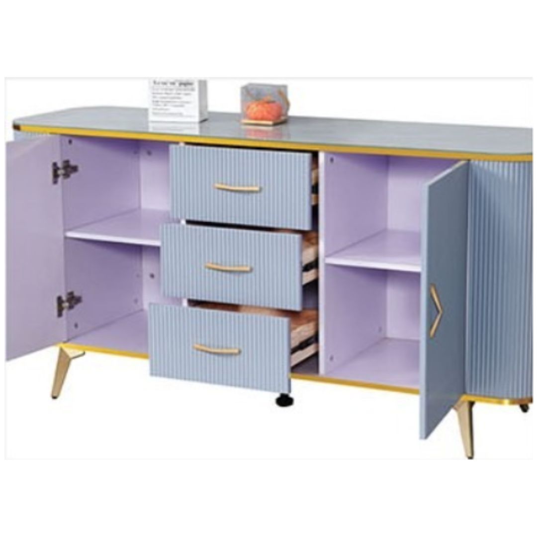 Stylish Blue Ribbed Side Cabinet with Gold Accents and Tempered Glass Top