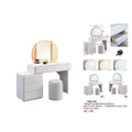 White dressing table with mirror, storage detail insets and dimensions