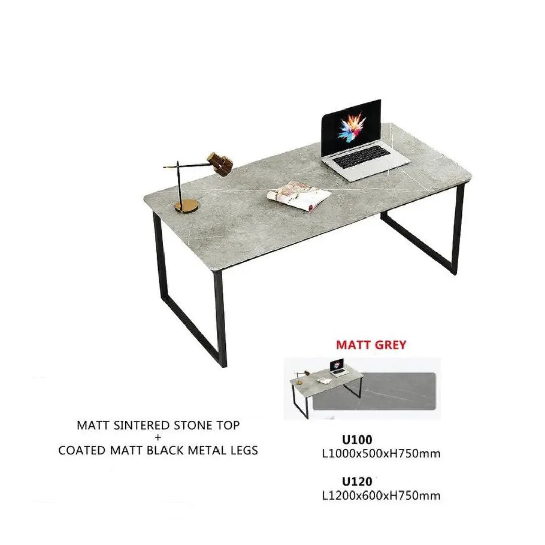 Matt Sintered Stone Top Study Table with Matt Black Metal Legs – Available in White & Grey Grandeur Furnishings