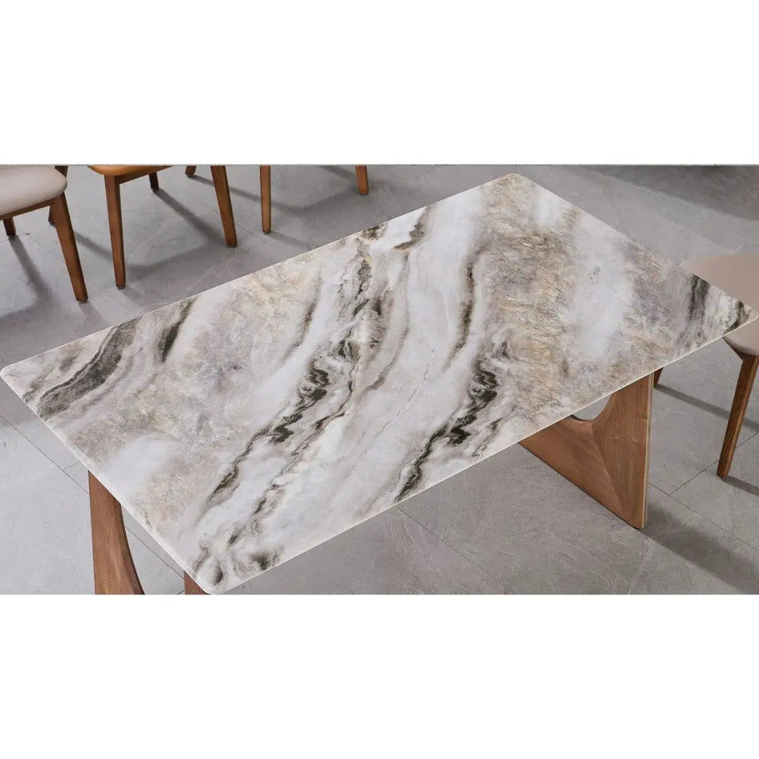 Luxury Marble Dining Table Set with Ash Wood Legs & Stylish PU Chairs 1+6 Grandeur Furnishings
