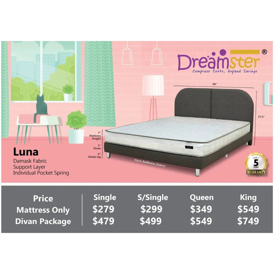 Dreamster Luna Mattress with Oscar Fabric Bedframe Set Grandeur Furnishings