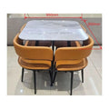 Square grey stone-patterned dining table with brown chairs and dimensions