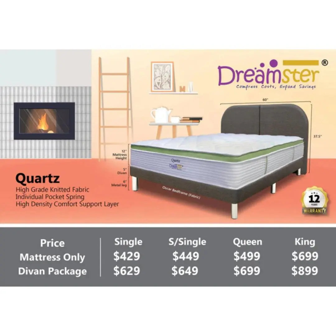 Dreamster Quartz Mattress with Oscar Fabric Bedframe Set Grandeur Furnishings