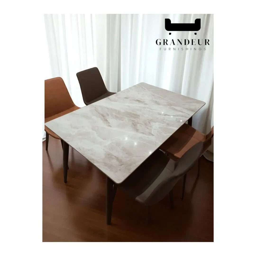 Elegant 1+4 Dining Table Set with Sintered Stone Top – Choice of White or Grey Stone Top with 4 Chairs Grandeur Furnishings