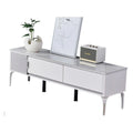 Pale TV console with central open compartment and slim legs