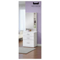 White dressing table with three drawers against a lilac wall
