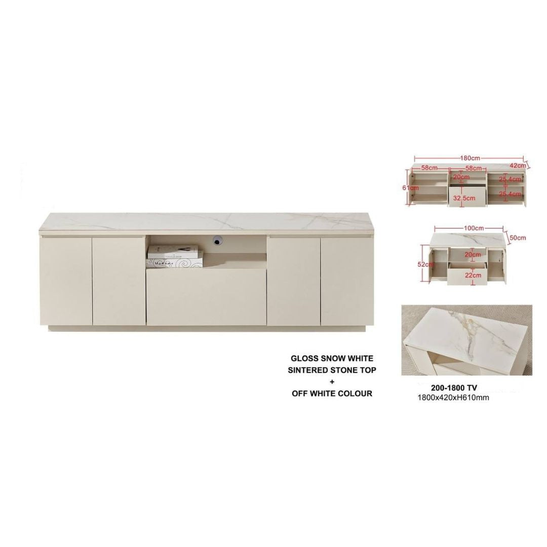 Gloss White TV Console with Sintered Stone Top – Available in 1600mm & 1800mm