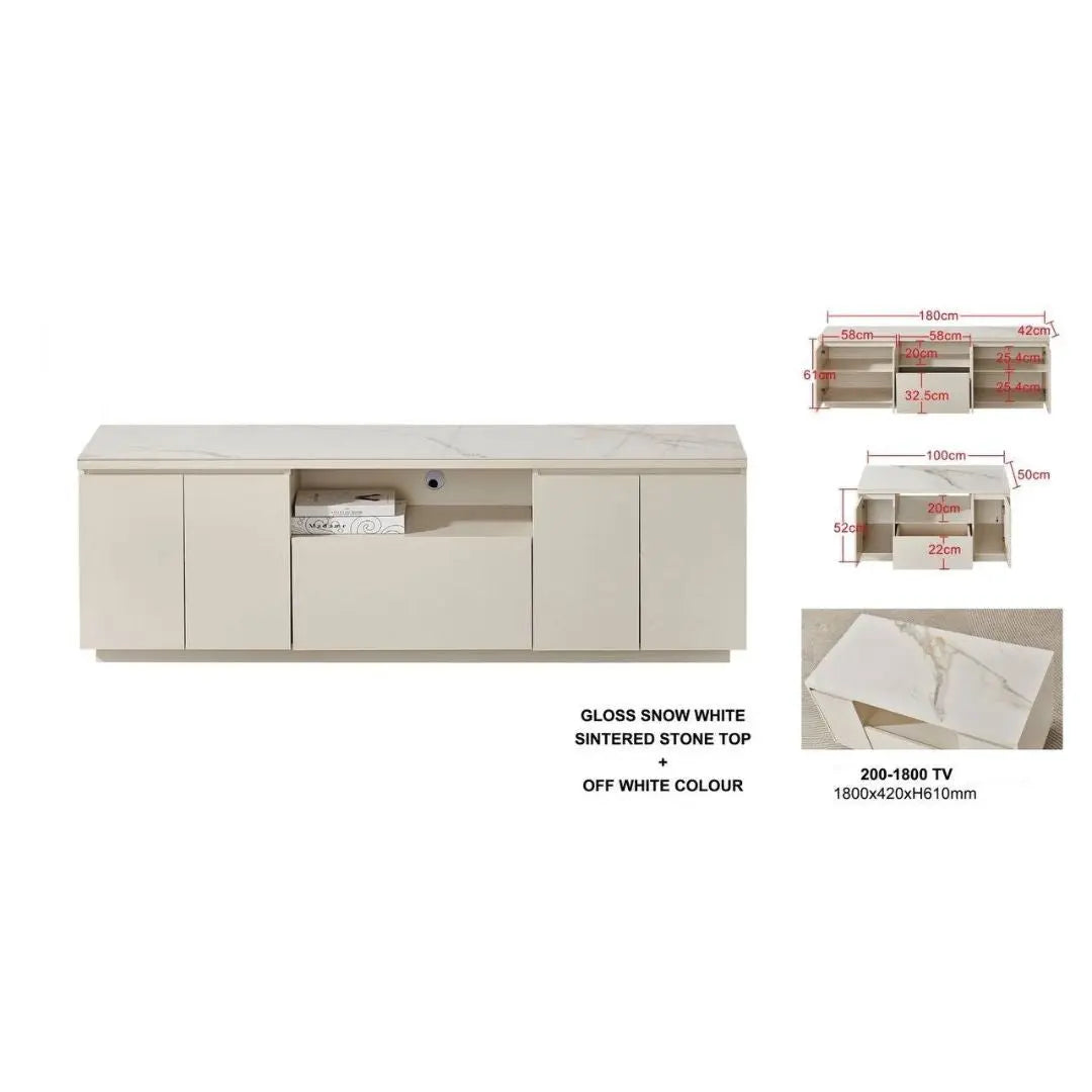 Gloss White TV Console with Sintered Stone Top – Available in 1600mm & 1800mm Grandeur Furnishings