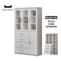 Elegant Light Grey Bookcase Display Cabinet with Glass Doors, Drawers & Shelves Grandeur Furnishings