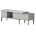 White TV console with open compartment and black legs, angled view