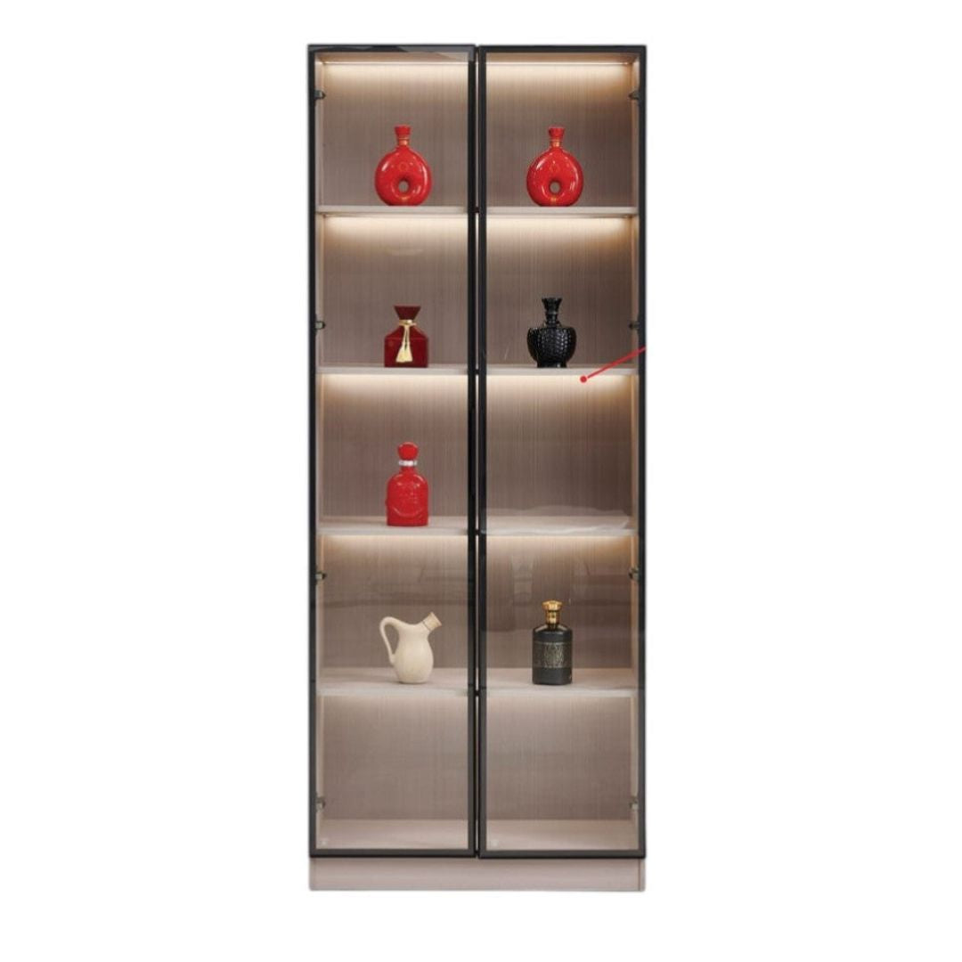 Contemporary Wood-Finish Glass Display Cabinet with LED Sensor Lighting