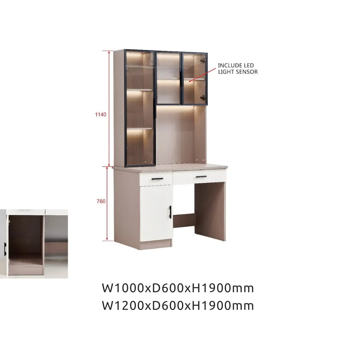 Modern Study Desk with LED Light Sensor | Computer Workstation with Glass Display Cabinets & Storage Grandeur Furnishings