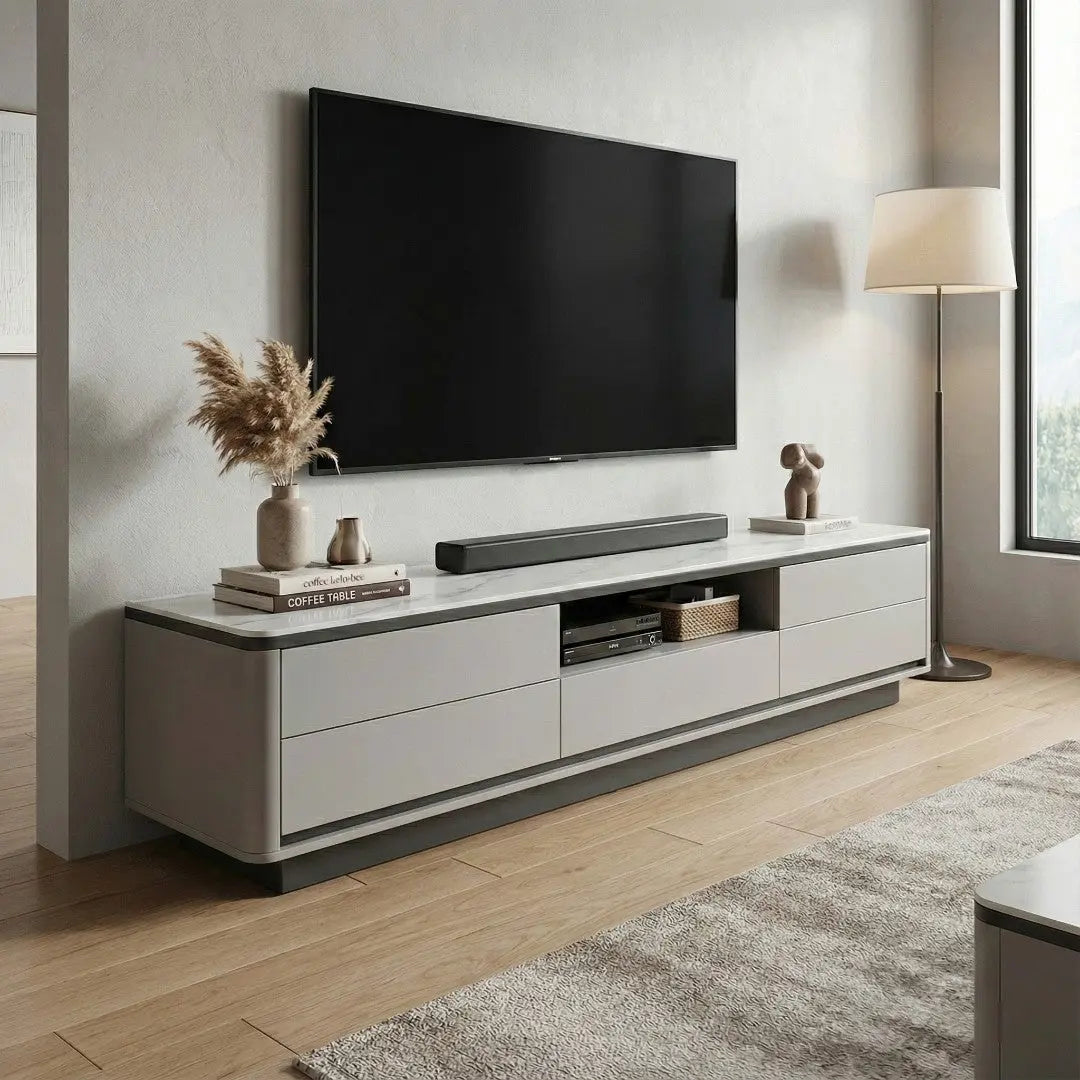 Regale Sintered Stone TV Console with Open Media Shelf | Modern Luxury Storage Cabinet | Rounded Edges Grandeur Furnishings