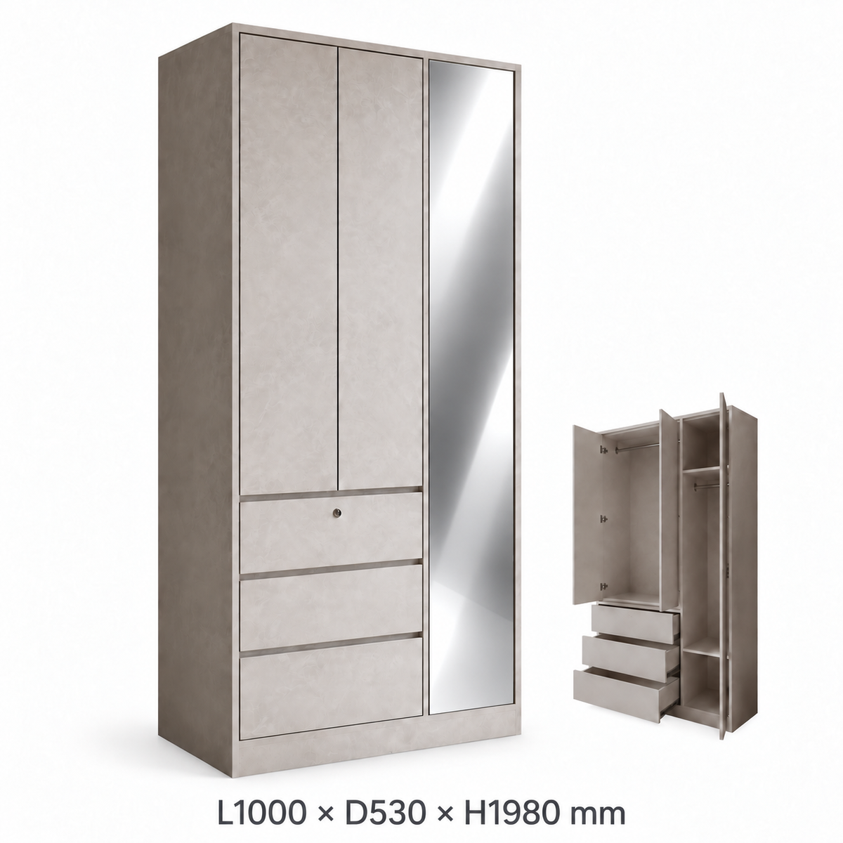 3-Door Wardrobe with Mirror and Drawers Grandeur Furnishings