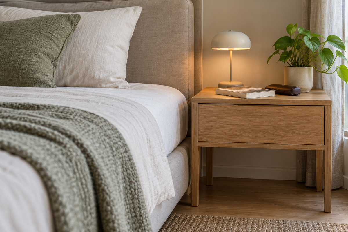 Illustrative bedroom with an oak bedside table close to mattress height, a reading lamp and a book.