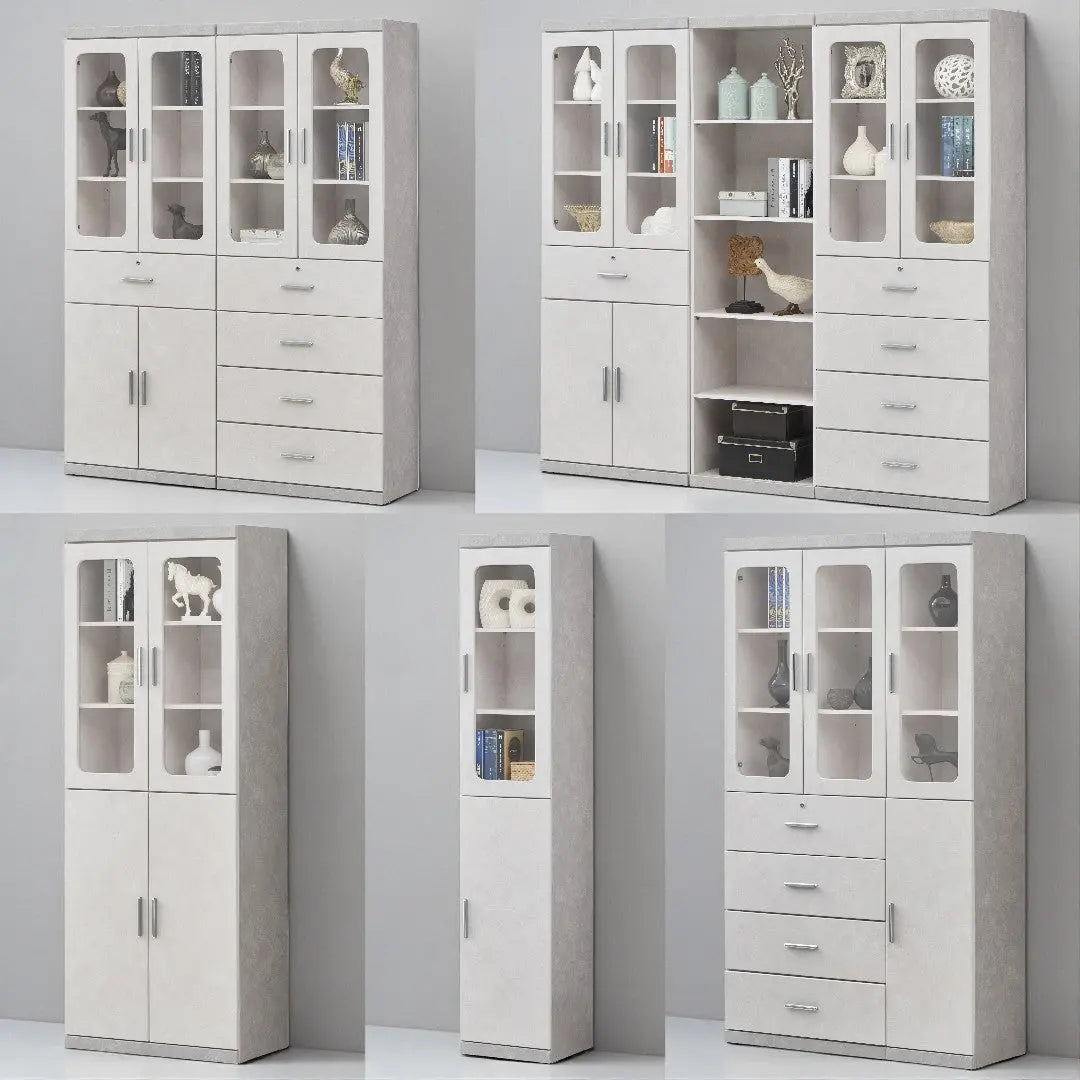 Light grey bookcase configurations with glass-front compartments, open shelves and drawers