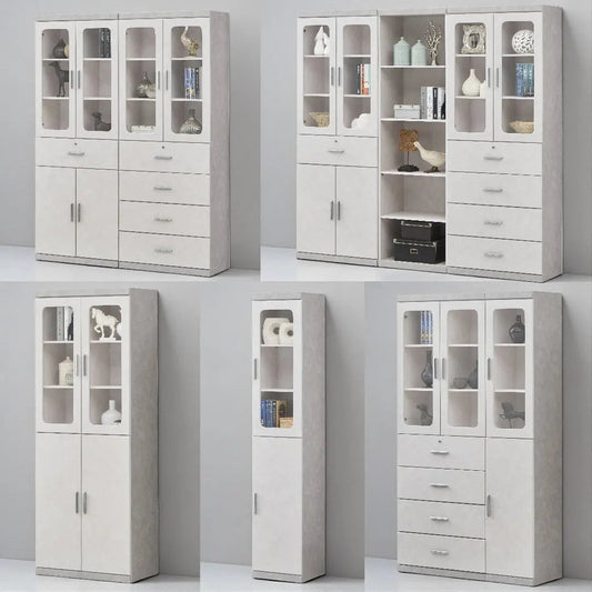 Light grey bookcase configurations with glass-front compartments, open shelves and drawers