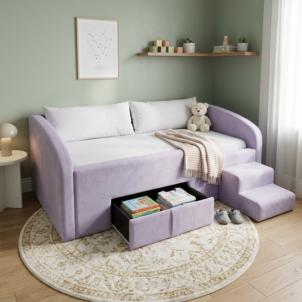 Pixie upholstered daybed with wrap-around panels, a storage drawer and a matching step stool