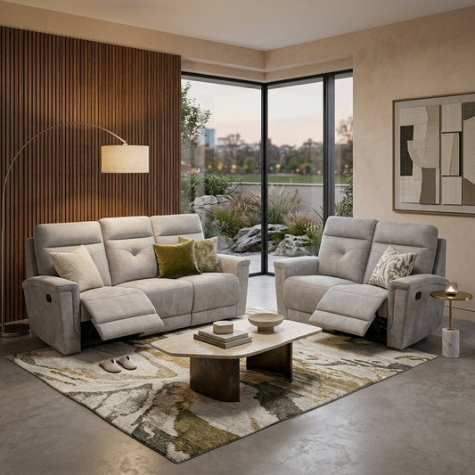 Grey Cove fabric recliner sofas with extended footrests in a living room