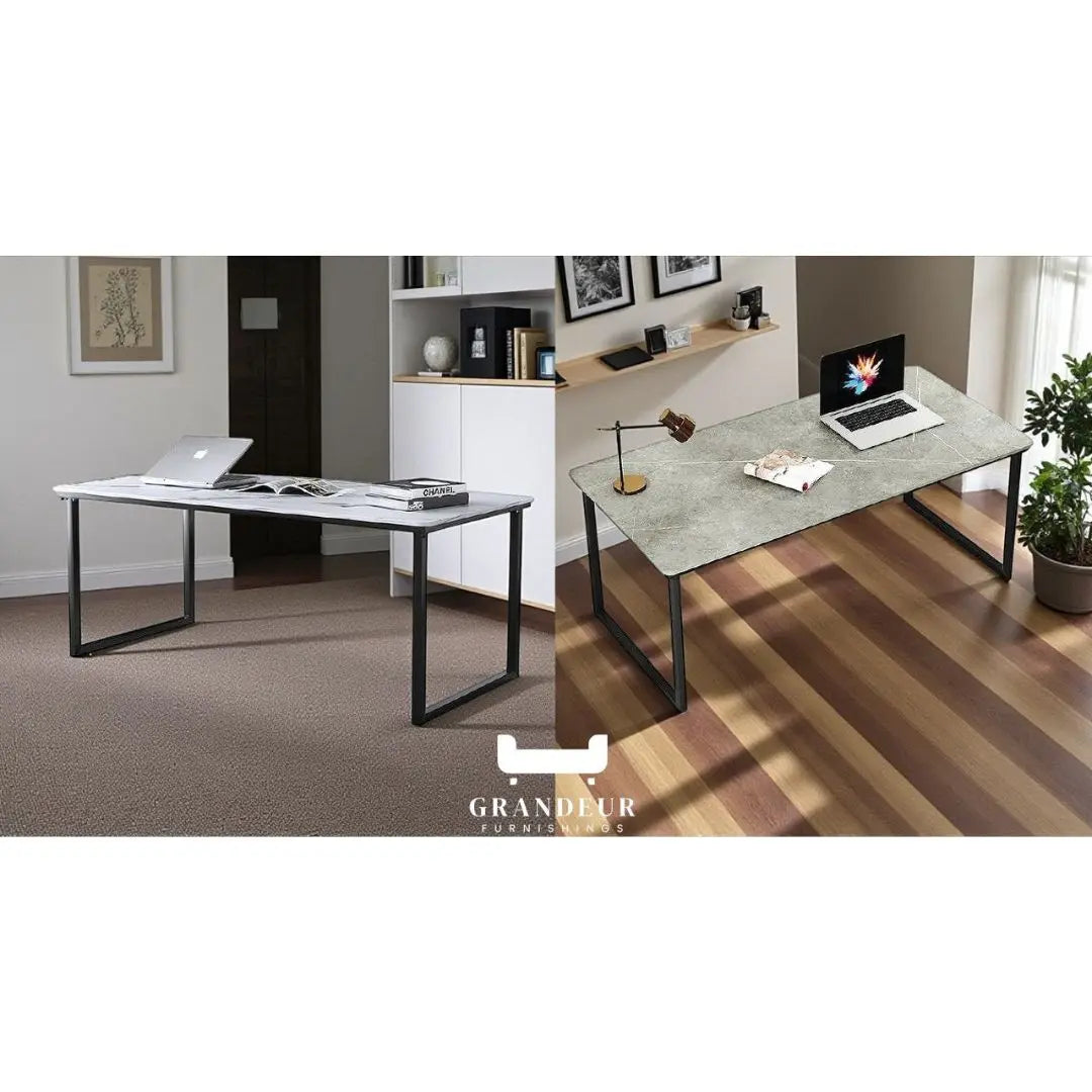 White and grey sintered stone study tables with black metal legs in home workspaces