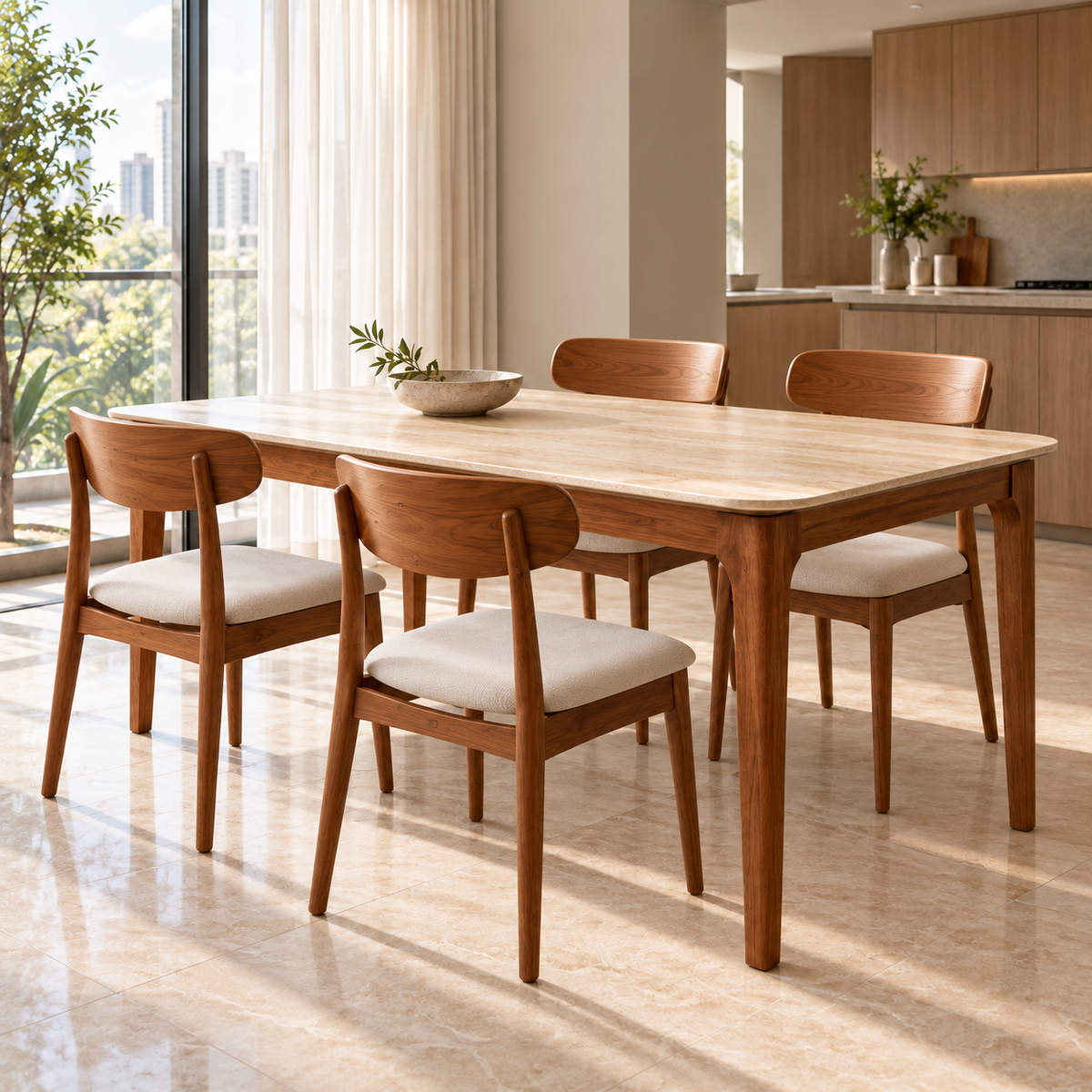 Valenza dining set with a light beige travertine top, warm brown wood frame and four oatmeal upholstered chairs in a bright dining room.