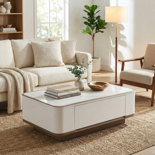 Elora Luxury Stone Top Coffee Table  – White Gloss Living Room Center Table with Storage Drawers & Rounded Safety Edges