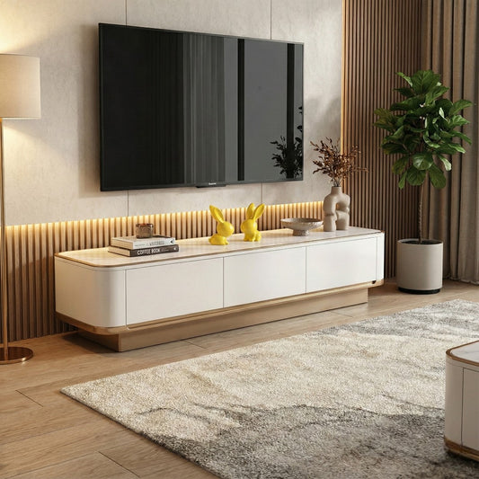 Elora Luxury TV Console | Sintered Stone Top TV Cabinet | Modern White & Gold Entertainment Unit with 3 Drawers