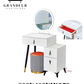 White dressing table and stool with open-drawer inset and dimension labels