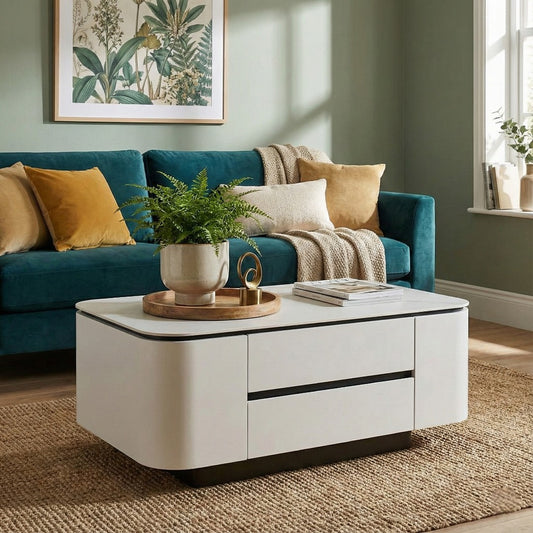 Monarc Matte Stone Top Coffee Table - Modern Luxury Center Table with 2 Storage Drawers | Rounded Safety Corners & Marble Effect