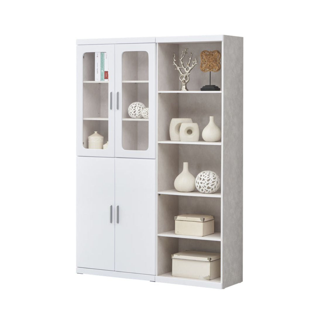 Multi-Storage Book Cabinet with Glass Doors & Drawers – White Finish