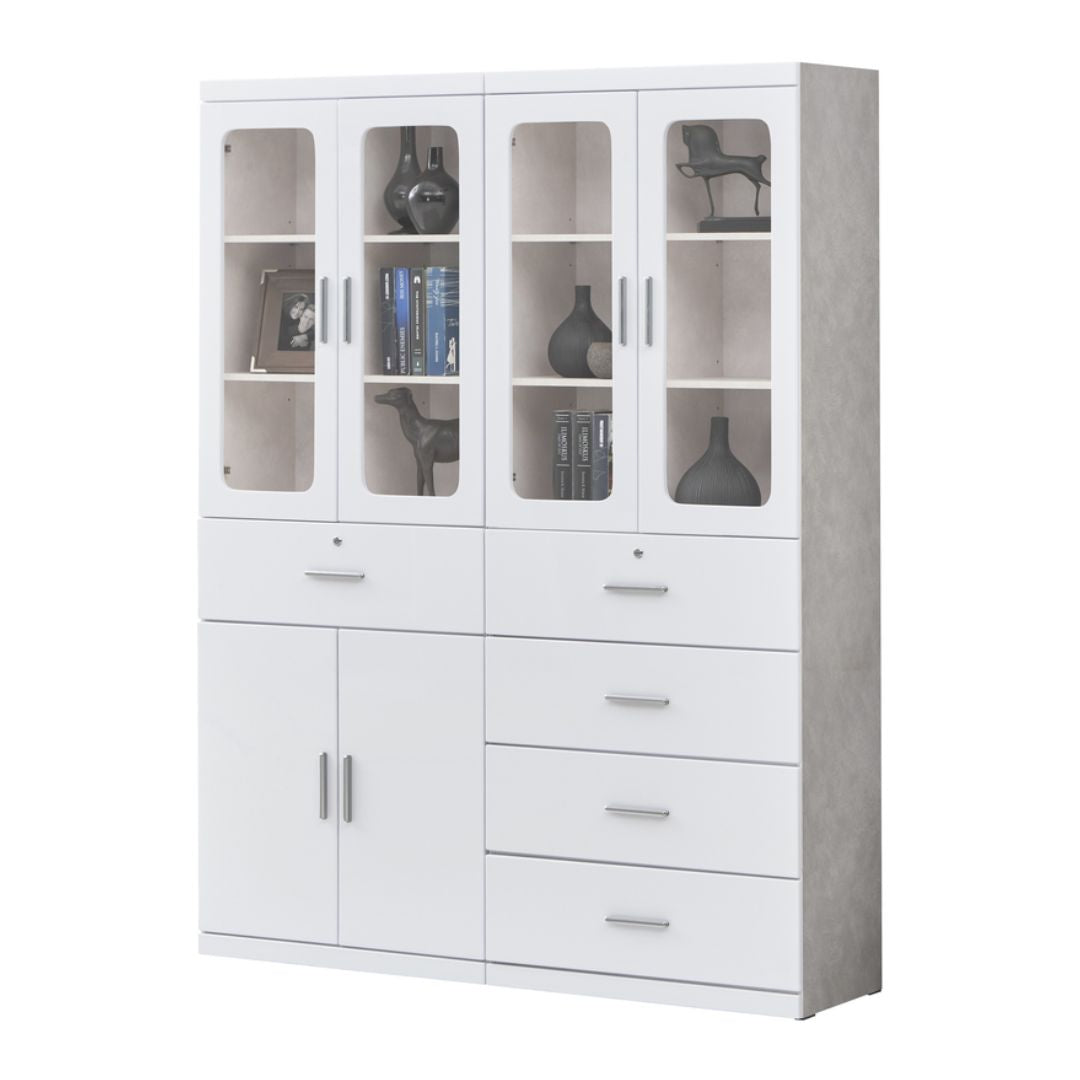 Multi-Storage Book Cabinet with Glass Doors & Drawers – White Finish