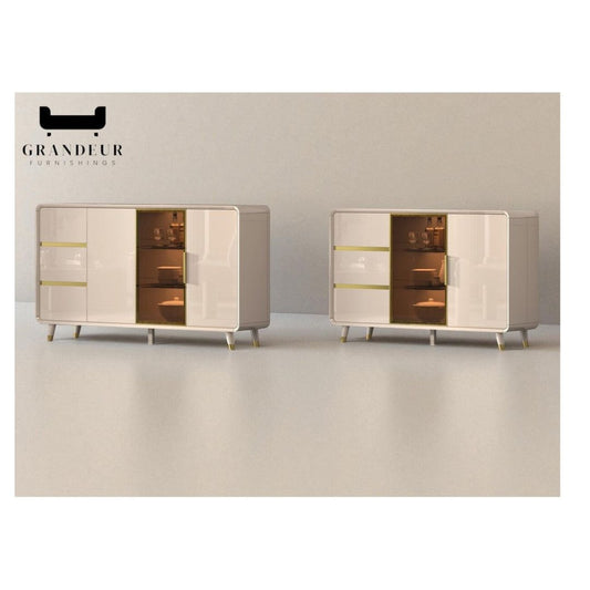 Elegant Gloss Light Khaki Side Cabinet with Gold Chrome Plated Accents & Tempered Glass