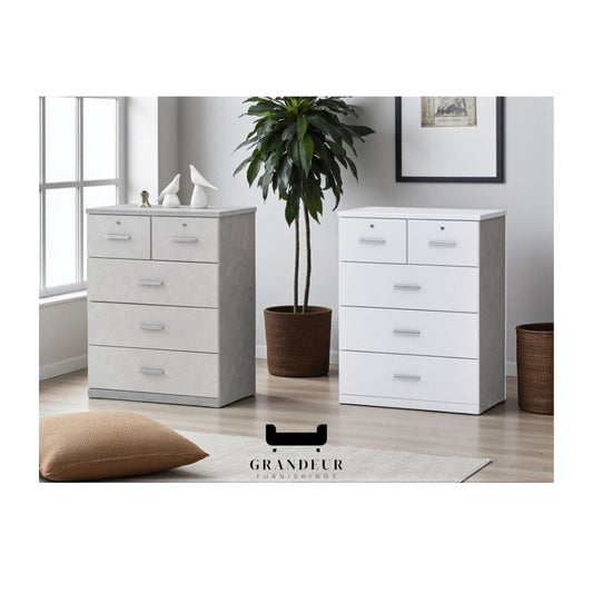 Modern 5-Drawer Storage Chest of Drawers in Grey or White