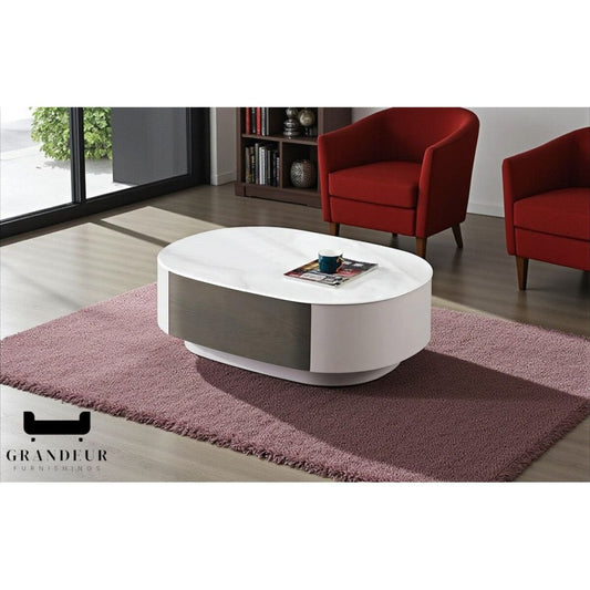 Gloss White Granite Stone Coffee Table with 2 Soft-Closing Drawers