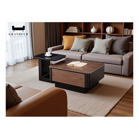 Modern Matte Brown & Black Coffee Table with Phenolic Wood Grain Glass Top