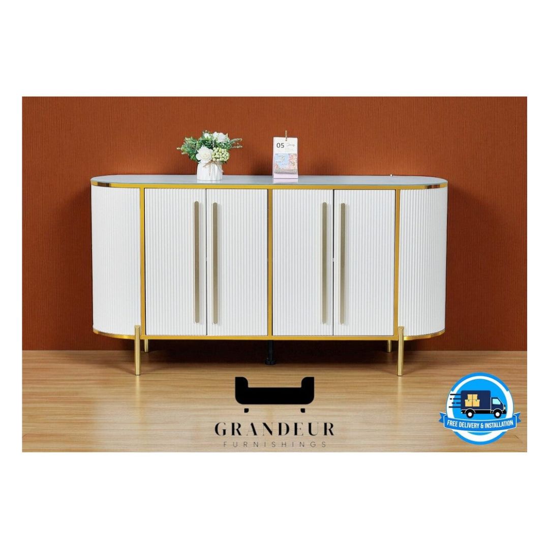 Elegant Curved Side Cabinet with Tempered Glass Top