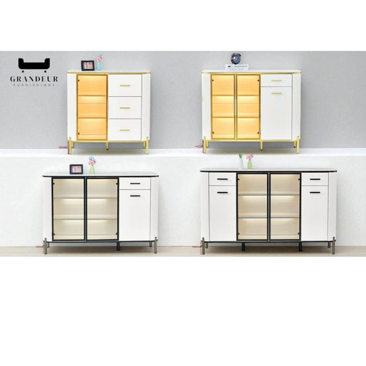 Glass Display Side Cabinet with LED Lights & Sintered Stone Top Storage Solution