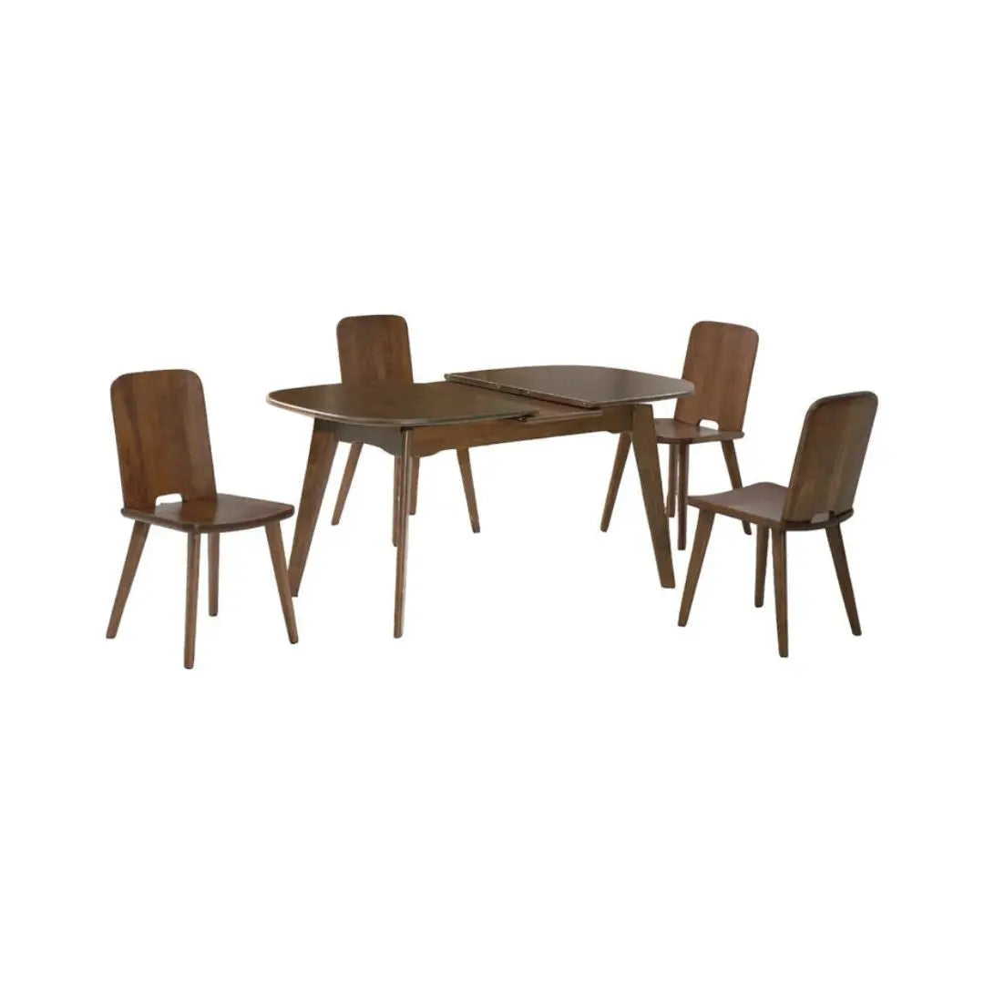 Rounded rectangular wood dining table with four wood chairs
