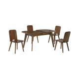 Rounded rectangular wood dining table with four wood chairs
