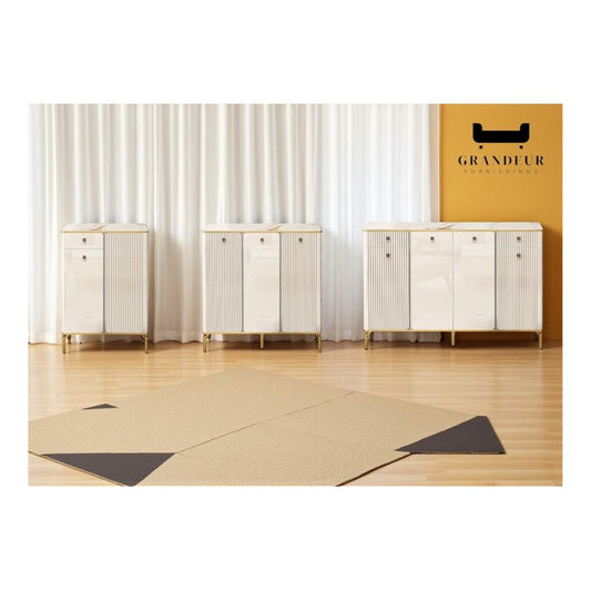 Elegant Shoe Cabinet with Gold-Plated Chrome Legs & Gloss White Sintered Stone Top